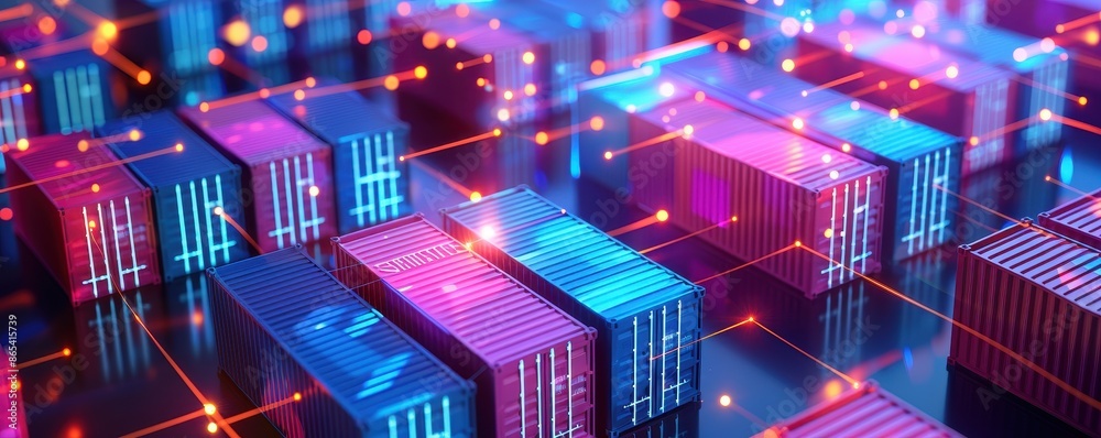 Poster Brightly colored digital data containers against a futuristic neon technology background, symbolizing data storage and cloud computing.
