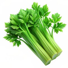 Fresh bunch of celery with vibrant green stalks and leaves, showcasing detailed textures and natural shapes. 3D Render.