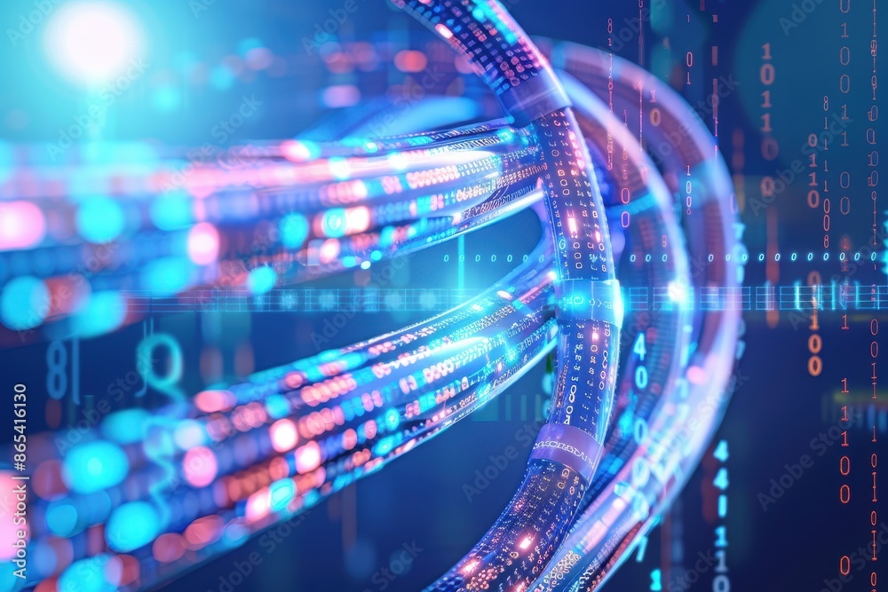Aufkleber Abstract view of glowing fiber optic cables with binary code, symbolizing futuristic data technology and high-speed internet connections.