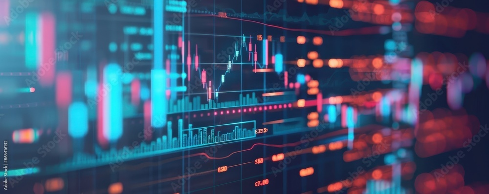 Poster Abstract financial data visualization with neon graphics showcasing currency exchange rates and market trends in a futuristic style.