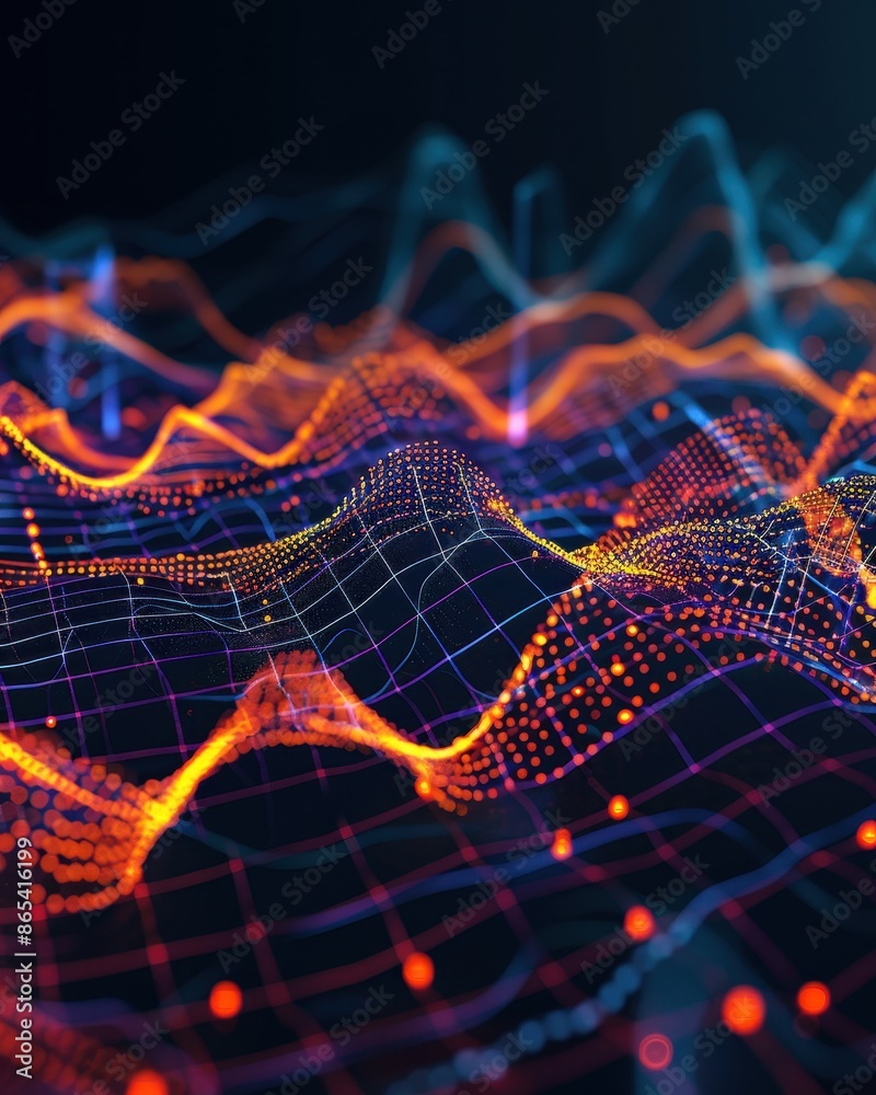 Poster Abstract digital landscape with vibrant neon colors representing data waves and network connections on a black background.