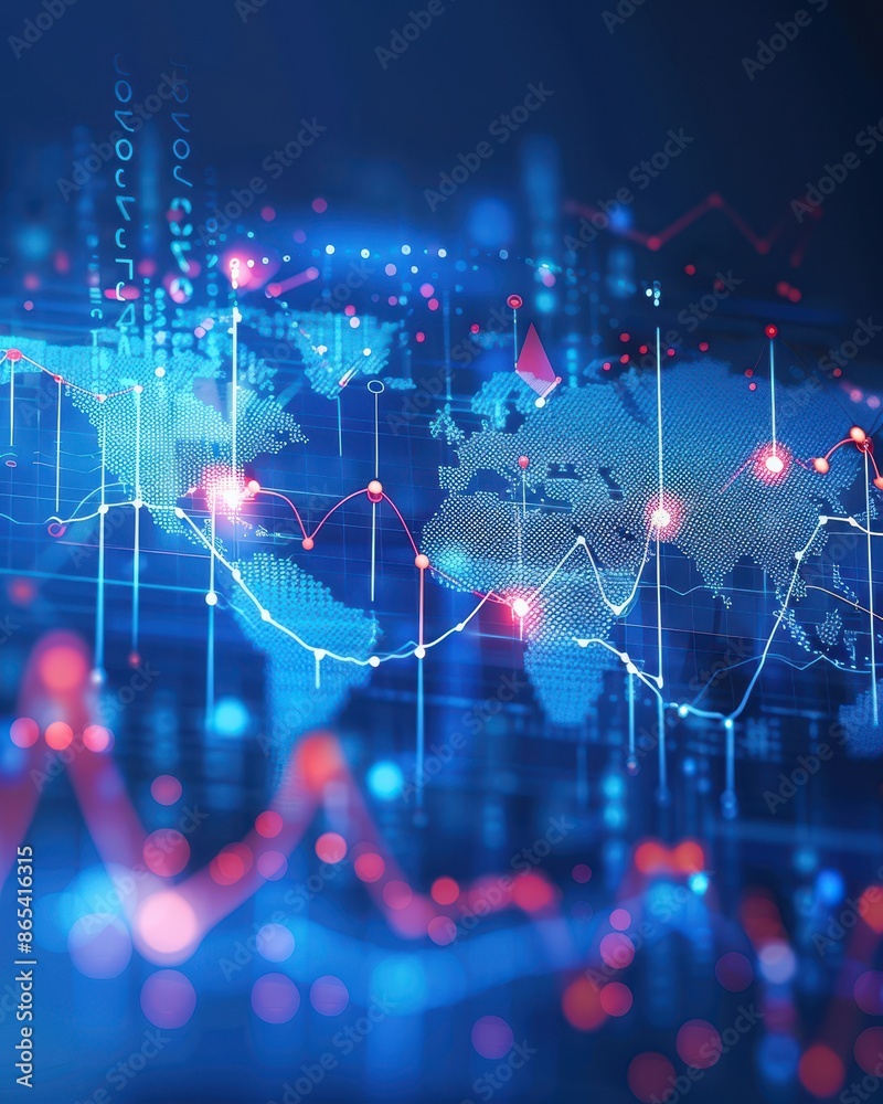 Poster Abstract digital data visualization with global map and graphs. Perfect for concepts of technology, finance, and global business.