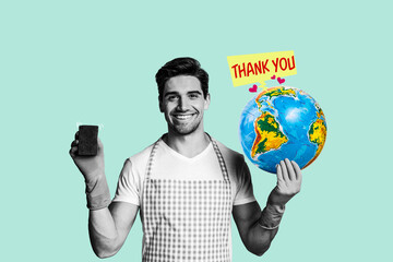 Composite trend artwork sketch photo collage of young man household wash sponge clean earth ecology system debris nature globe thank you