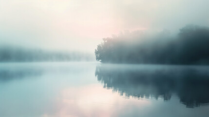 Fototapeta premium Misty Sunrise Over Calm Reflective Lake with Pink & Blue Tones