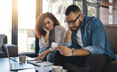 Stress, financial notebook or couple with invoice, finance documents and inflation in household budget. Sad, worry or frustrated people organizing bills, loan and paying debt on laptop with anxiety