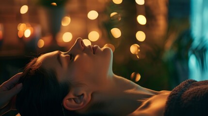 A woman lies on a spa table with her eyes closed, enjoying a relaxing massage. Warm lighting and a blurred background create a serene and peaceful ambiance.