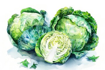 Fototapeta premium Fresh Green Cabbage, Watercolour Hand-drawn Illustration on White Background