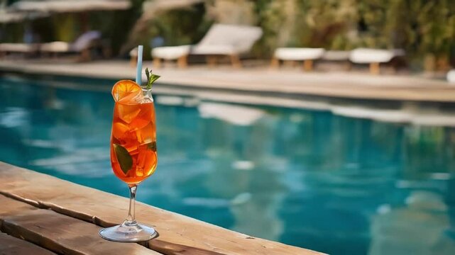 Glass of aperol spritz cocktail on pool background