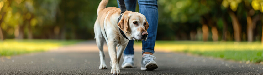 Blind person using a guide dog to walk in a park, disabilities, companionship and mobility