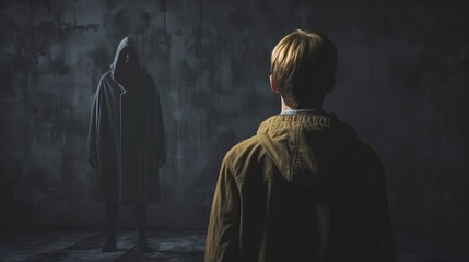 Naklejka premium Harassment Intimidation Intimidation A person facing a threatening figure, muted dark colors