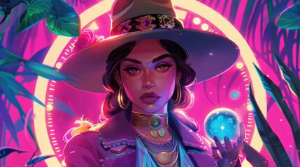 A woman with long dark hair wearing a wide-brimmed hat and colorful jewelry holds a glowing crystal ball in a neon jungle