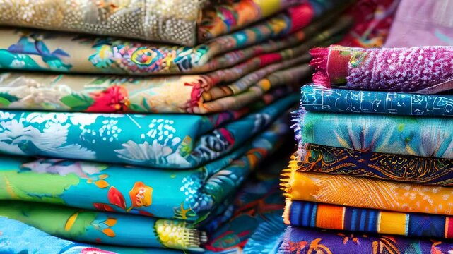 Brightly colored fabrics with various intricate patterns stacked in piles