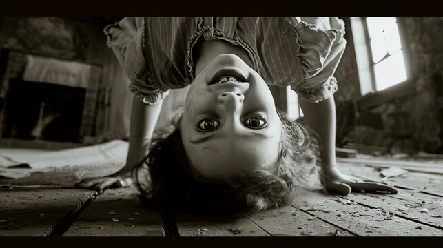 Black and white photo of a young girl upside down, smiling mischievously while playing indoors, resembling a scene from a horror movie