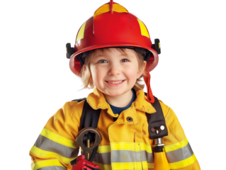 portrait of smiling little firefighter boy on transparent background looking at camera