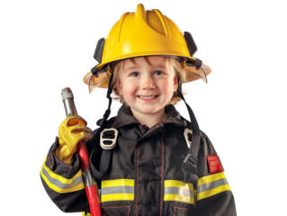 little firefighter boy with tools on transparent background smiling at camera