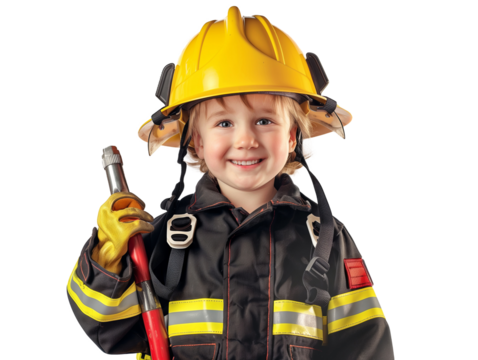 little firefighter boy with tools on transparent background smiling at camera