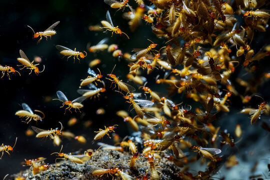 Swarm of flying termites emerging from a nest, captured in detailed motion showing their wings and bodies.