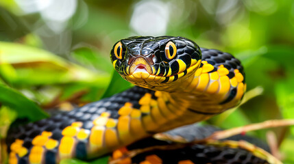 Fototapeta premium Close-up of a vibrant yellow-ringed Boiga snake with its tongue out, set against lush green foliage, showcasing its striking colors and patterns