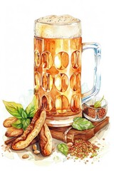 Hand-drawn Watercolor Illustration of Oktoberfest Platter with Bavarian Pretzel, Sausages, and Beer