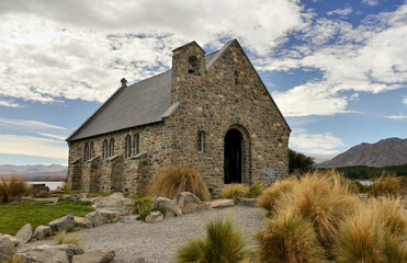 Stone chapel by the lake in New Zealand