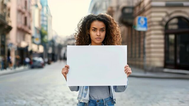 Young woman holding blank sign on empty street, focusing activism and protest