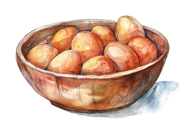 Obraz premium Organic Eggs in Rustic Wooden Bowl. Watercolor Painting of Fresh Raw Chicken Eggs on White Background