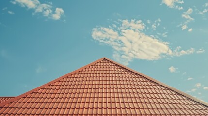 Metal brown roof on house against blue sky copy space