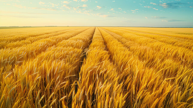 A golden sea of wheat stretches as far as the eye can see, gently undulating in the breeze. The sun is setting, casting a warm glow over the field. Generative ai.