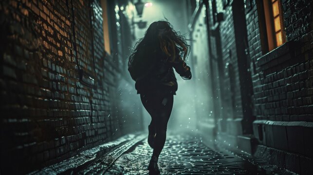 A lone woman, shrouded in mist, sprints down a dark alleyway bathed in dramatic lighting. Brick walls rise on either side, and her windblown hair streams behind her.