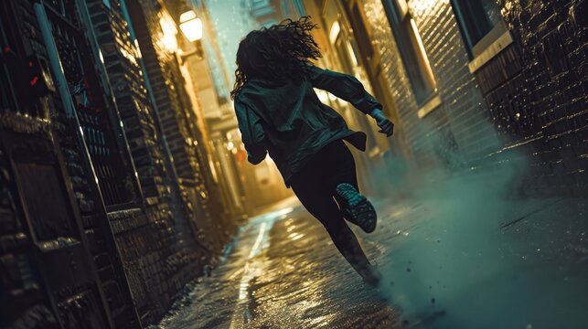 A lone woman, shrouded in mist, sprints down a dark alleyway at night. The scene is illuminated by dramatic lighting, with her hair whipping in the wind against a backdrop of aged brick walls.