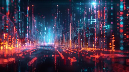 Obraz premium Colorful Digital Data Cityscape at Night