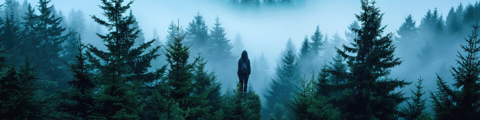 Fototapeta premium A lone person stands in a dense forest, shrouded in fog, with tall pine trees surrounding them