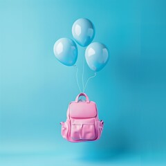 Minimal concept of a pink school bag flying on two balloons on a blue background.