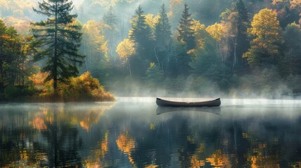 Canoe on a Misty Lake in Autumn