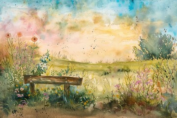 Obraz premium Rustic Pasture View. Floral Meadow Landscape with Wooden Plank Background