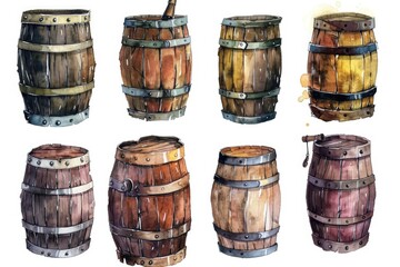 Obraz premium Rustic Wine and Whiskey Barrels. Hand-painted Watercolor Illustration of Vintage Wooden Containers for Alcohol and Beverages