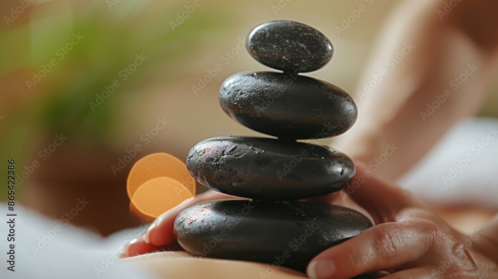 Poster a hand holds a stack of four black stones, balanced in a spa setting.