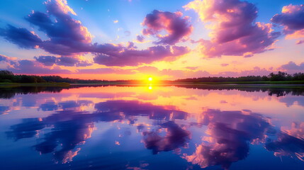 Fototapeta premium Vibrant sunset colors mirrored in a glassy lake
