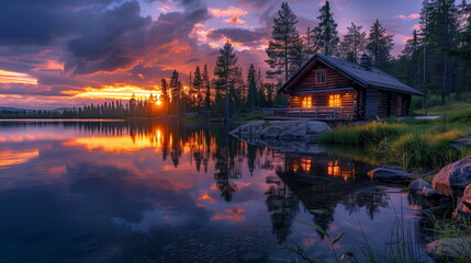 A rustic cabin by the lake with its reflection at sunset