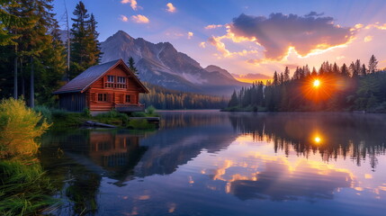 Fototapeta premium A rustic cabin by the lake with its reflection at sunset