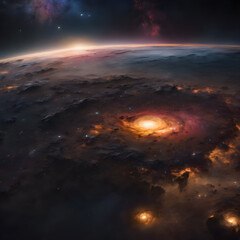 Fototapeta premium View from space to a spiral galaxy and stars. Universe filled with stars, nebula and galaxy.