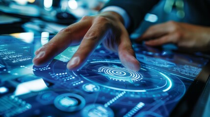 Naklejka premium Close-up of Hand Interacting with Futuristic Interface