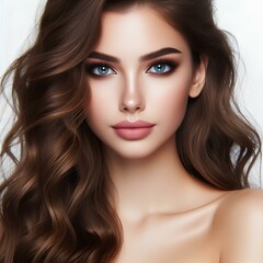 Fototapeta premium Beautiful female model with make-up, clear skin and long wavy hairstyle posing on white background. 
