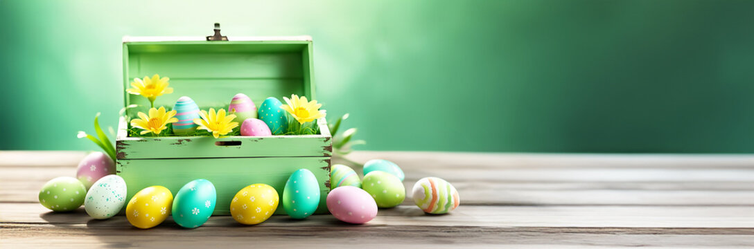 Ostern Dekoration bunte Ostereier Eier in Kiste aus Holz heller Hintergrund als Banner f&uuml;r Produktplatzierung mit warmen Fr&uuml;hling Sonnenstrahlen leuchtend frisch gr&uuml;n leicht festlich dekorativ 
