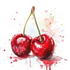Watercolor Illustration of Fresh Ripe Red Cherries on White Background with Vibrant Colors
