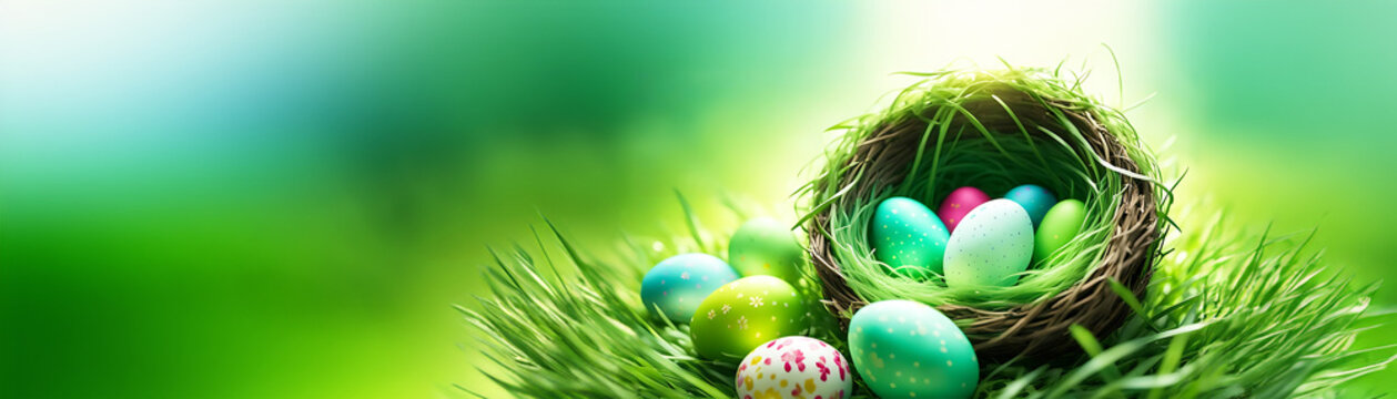 Ostern Dekoration bunte Ostereier Eier in Nest aus Moos Gras heller Hintergrund als Banner f&uuml;r Produktplatzierung mit warmen Fr&uuml;hling Sonnenstrahlen leuchtend frisch gr&uuml;n leicht festlich dekorativ