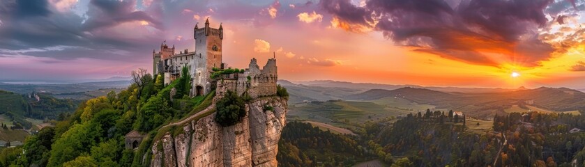 Obraz premium Majestic Medieval Castle Overlooking Rolling Hills and Forest at Sunset