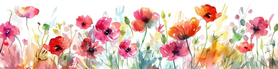 Wide Horizontal Nature Panel with Watercolor Elements for Kitchen or Salon Decor