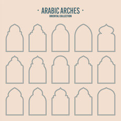 Islamic frames, oriental style objects. Arabic shapes, windows and arches. Traditional ornamental banner, frame. Muslim holidays, Ramadan Kareem. Modern eastern architecture. Vector illustration