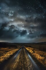Lonely illuminated road leading through dark cloudy night with stars 